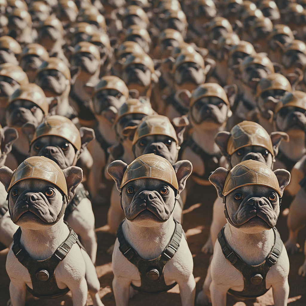 Cute French bulldogs in formation wearing helmets