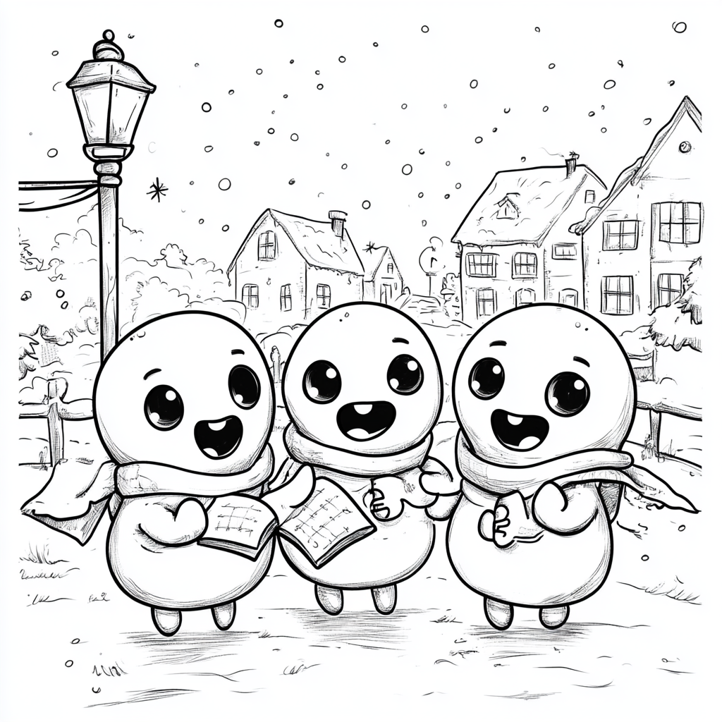 Cute Ghost Carolers in Snowy Town Scene