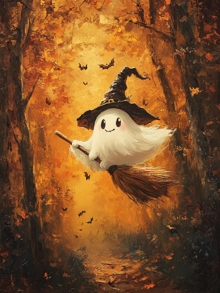 Cute Ghost on Broomstick in Autumn Forest - Oil Painting