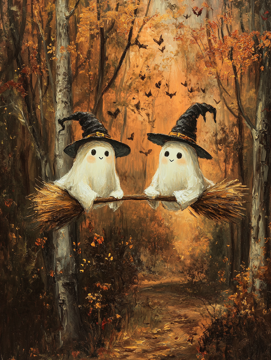 Cute Ghosts Flying on Broom in Autumn Forest Oil Painting