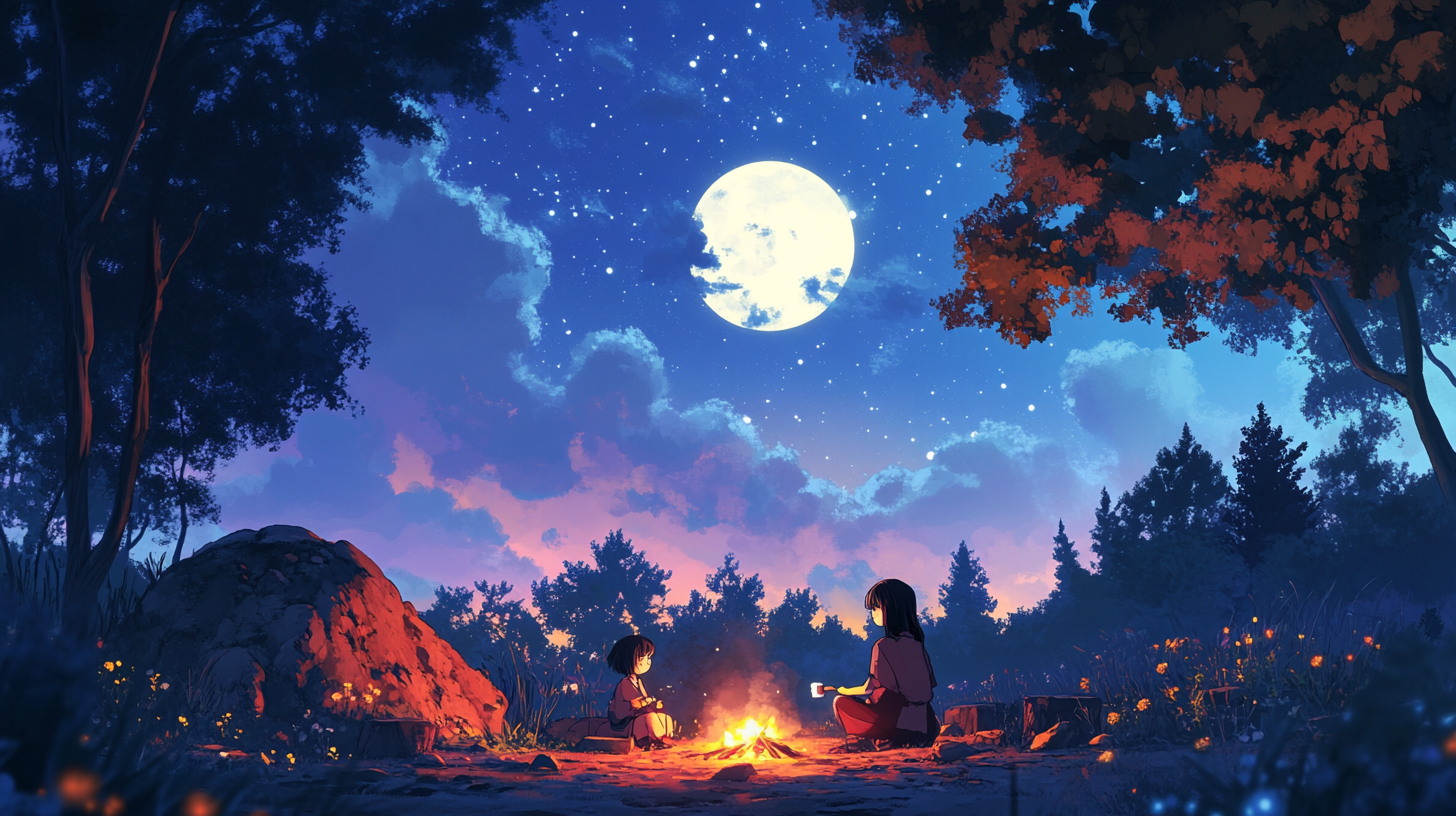 Cute Girl Roasting Marshmallows with Friends Under Moonlit Sky