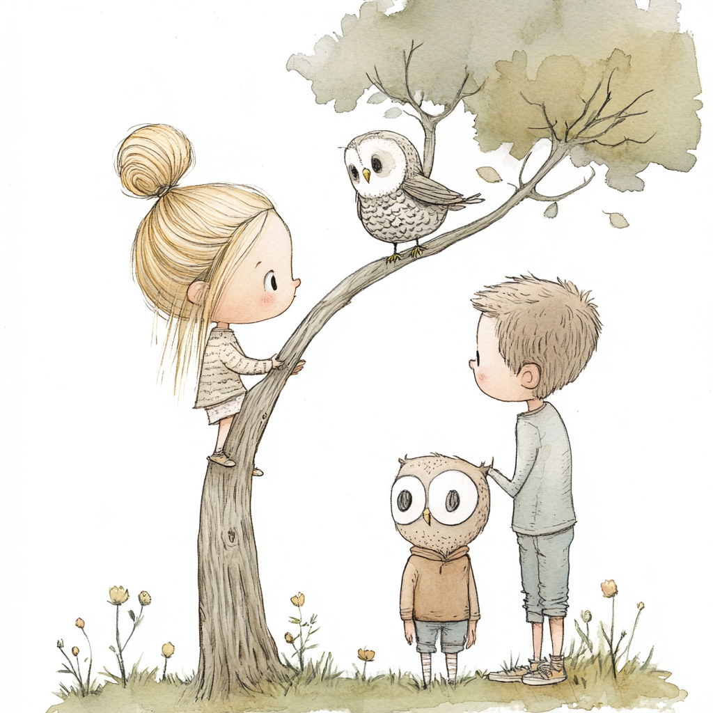 Cute Girl and Boy Talking to Owl at Sunset