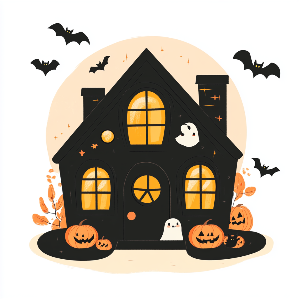 Cute Cartoon Halloween House with Friendly Ghost and Pumpkins