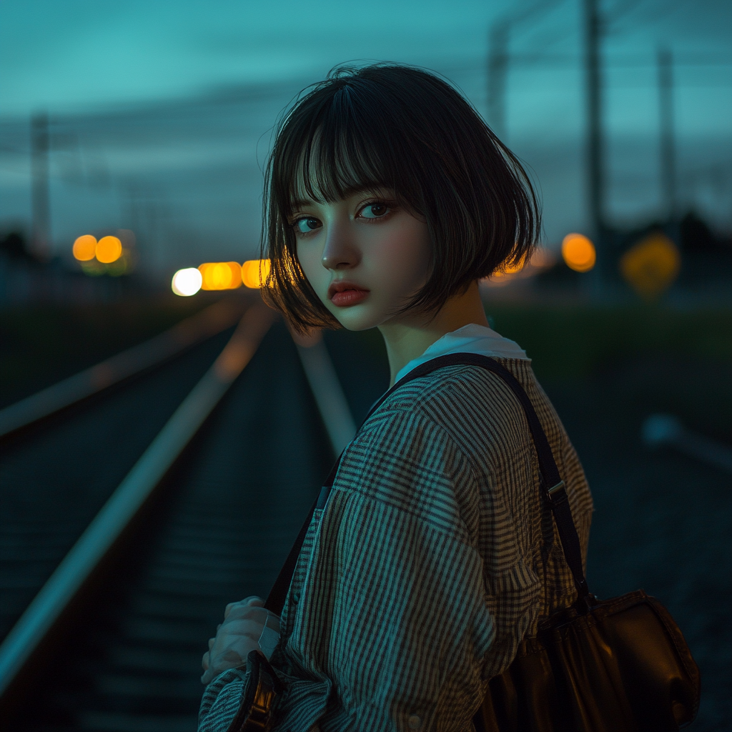 Cute Japanese model in luxury brand clothes on tracks.