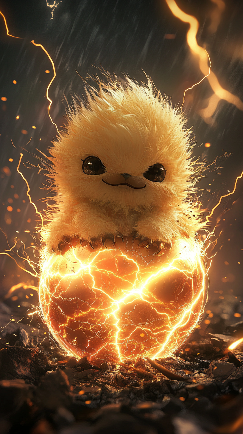 Cute Joltik hatching from electric egg under lightning sky.