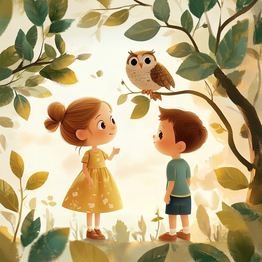 Cute Kids Sunset Owl Tree Nature Cartoon 3D