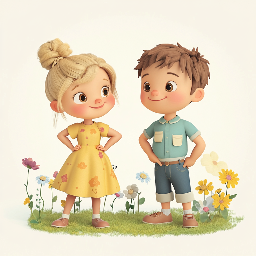 Cute Kids at Sunset Garden 3D Illustration