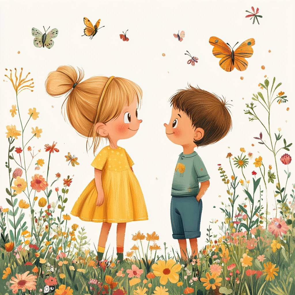 Cute Kids in Garden with Butterflies at Sunset