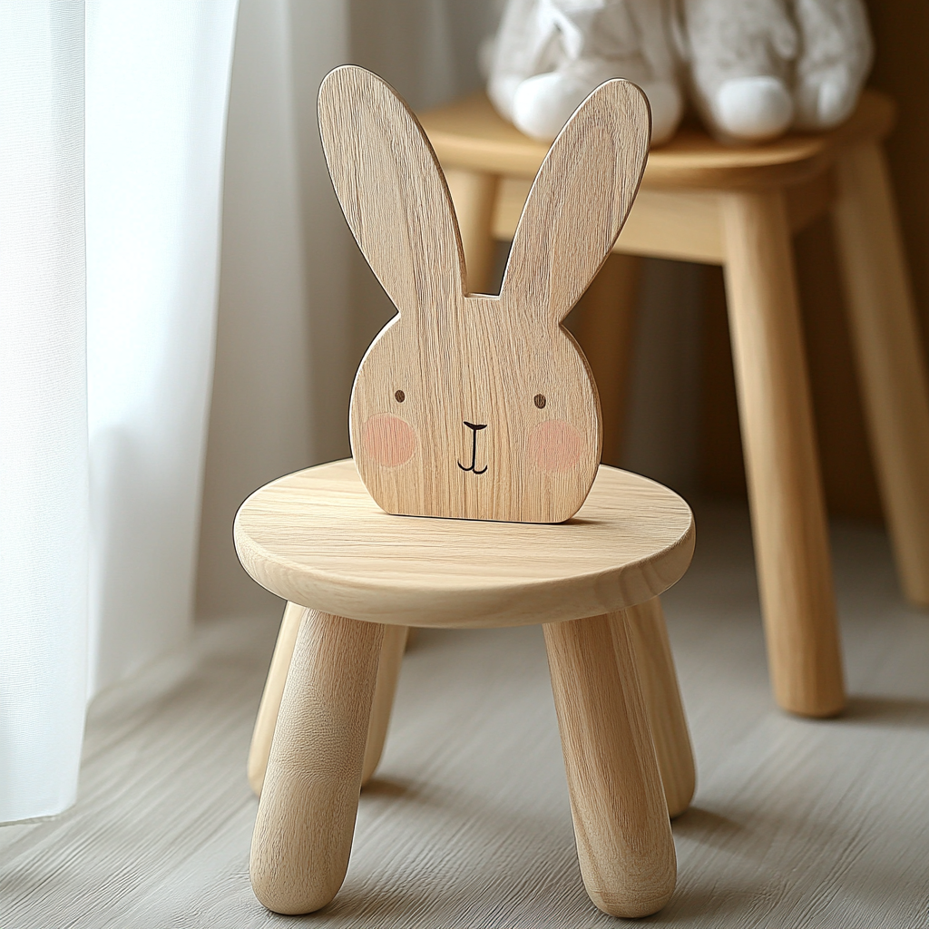 Cute Rabbit Style Solid Wood Children's Stool with Backrest 