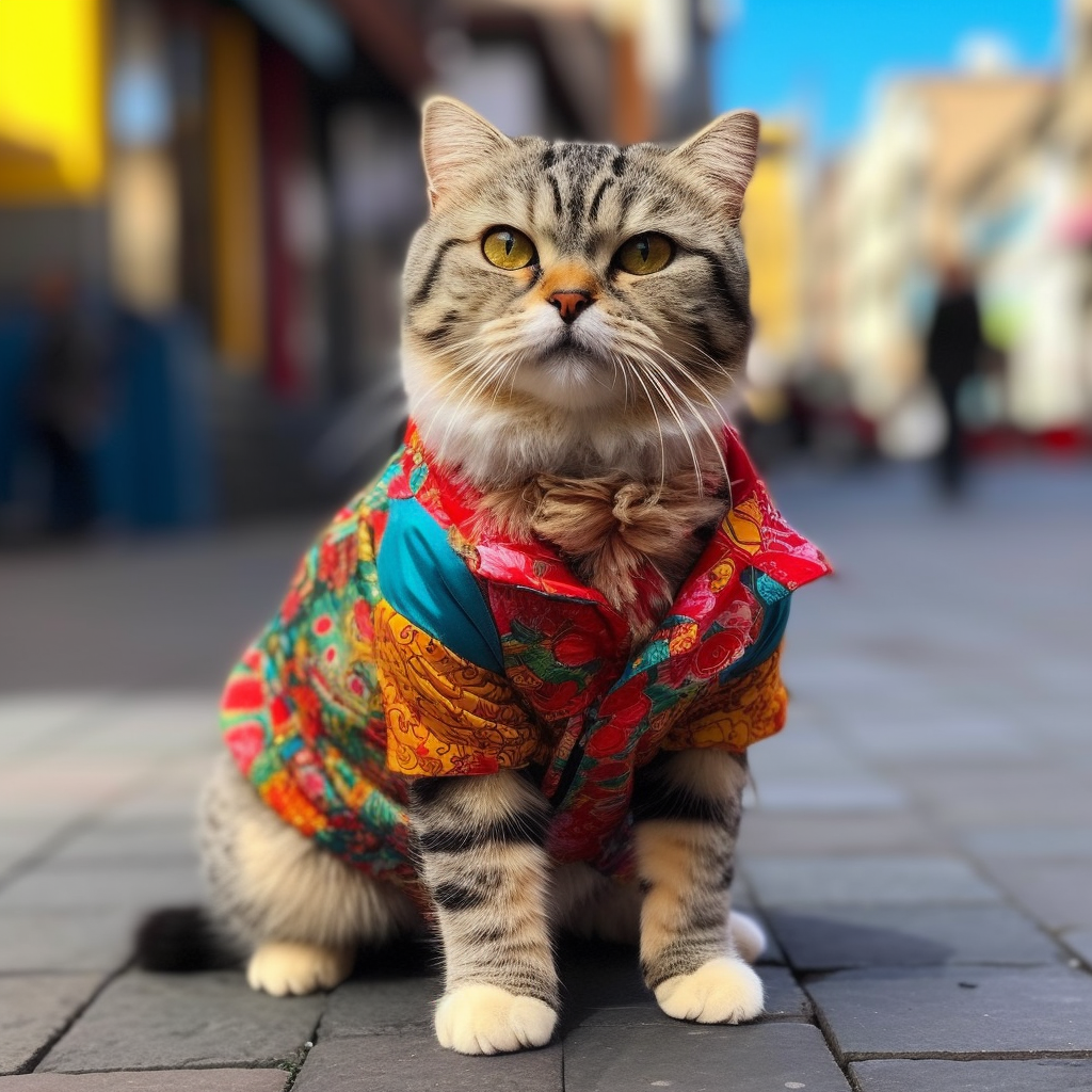 Cute Scottish Fold cat in colorful outfit poses confidently.