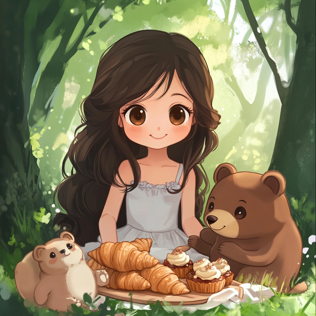 Cute anime girl and bear cub having picnic together.