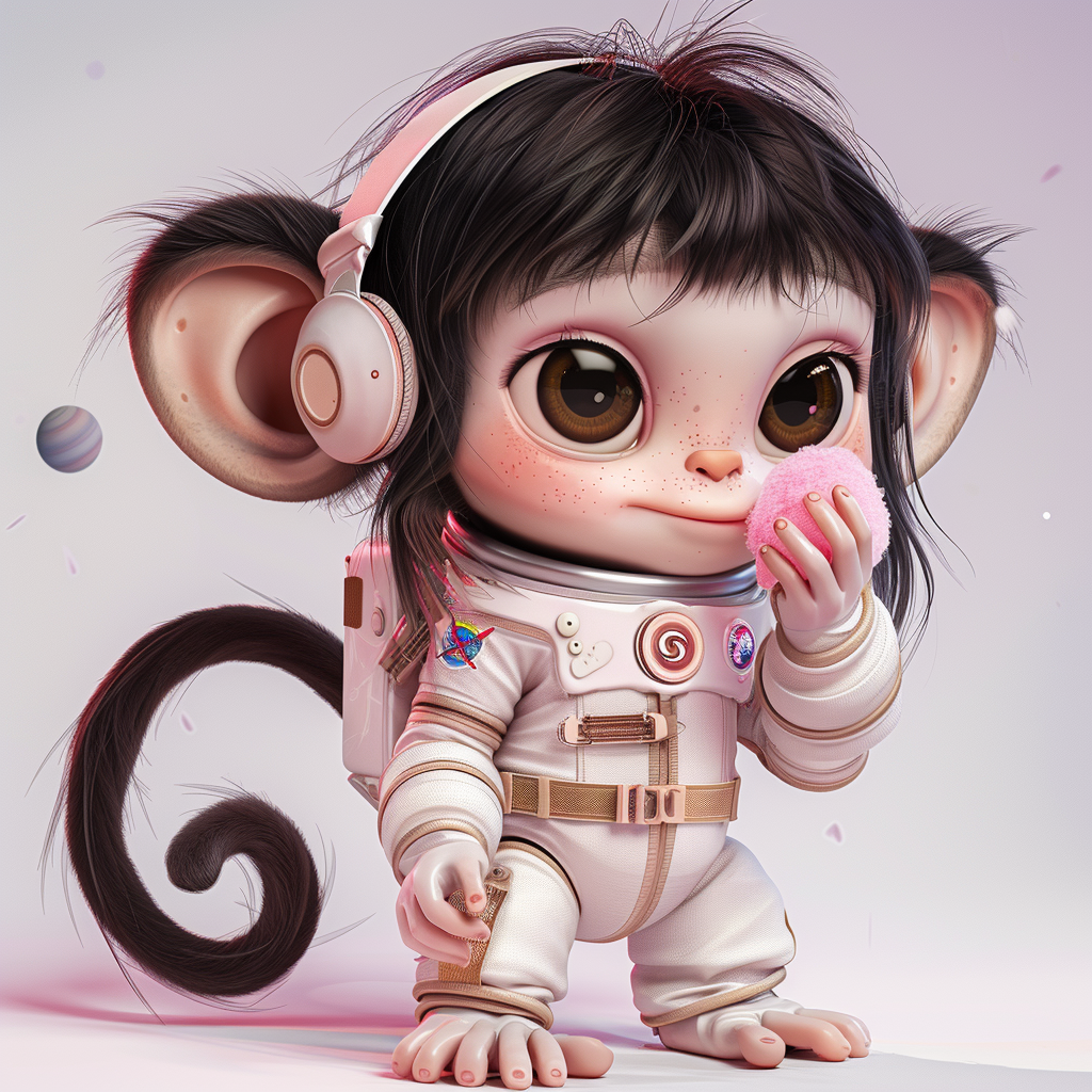 Cute astronaut monkey eating pink cotton candy galaxy happily.