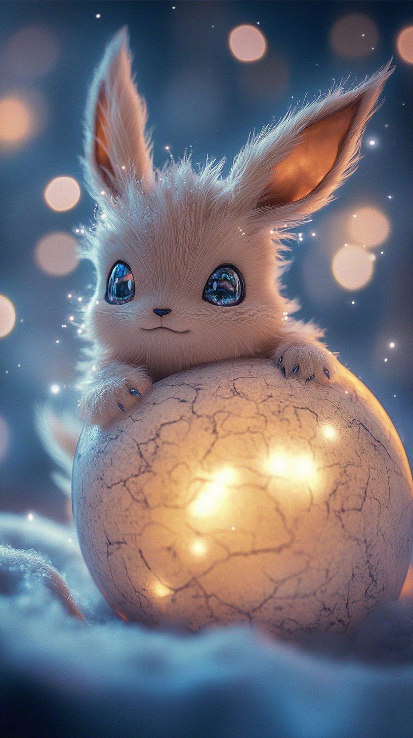 Cute baby Eevee hatching from glowing egg, dreamy background.