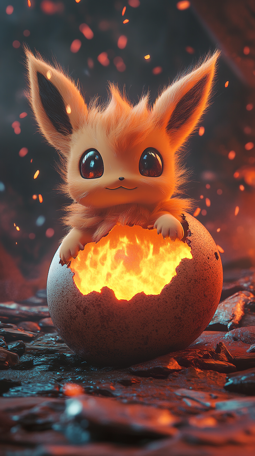 Cute baby Eevee with fiery fur hatching from egg.