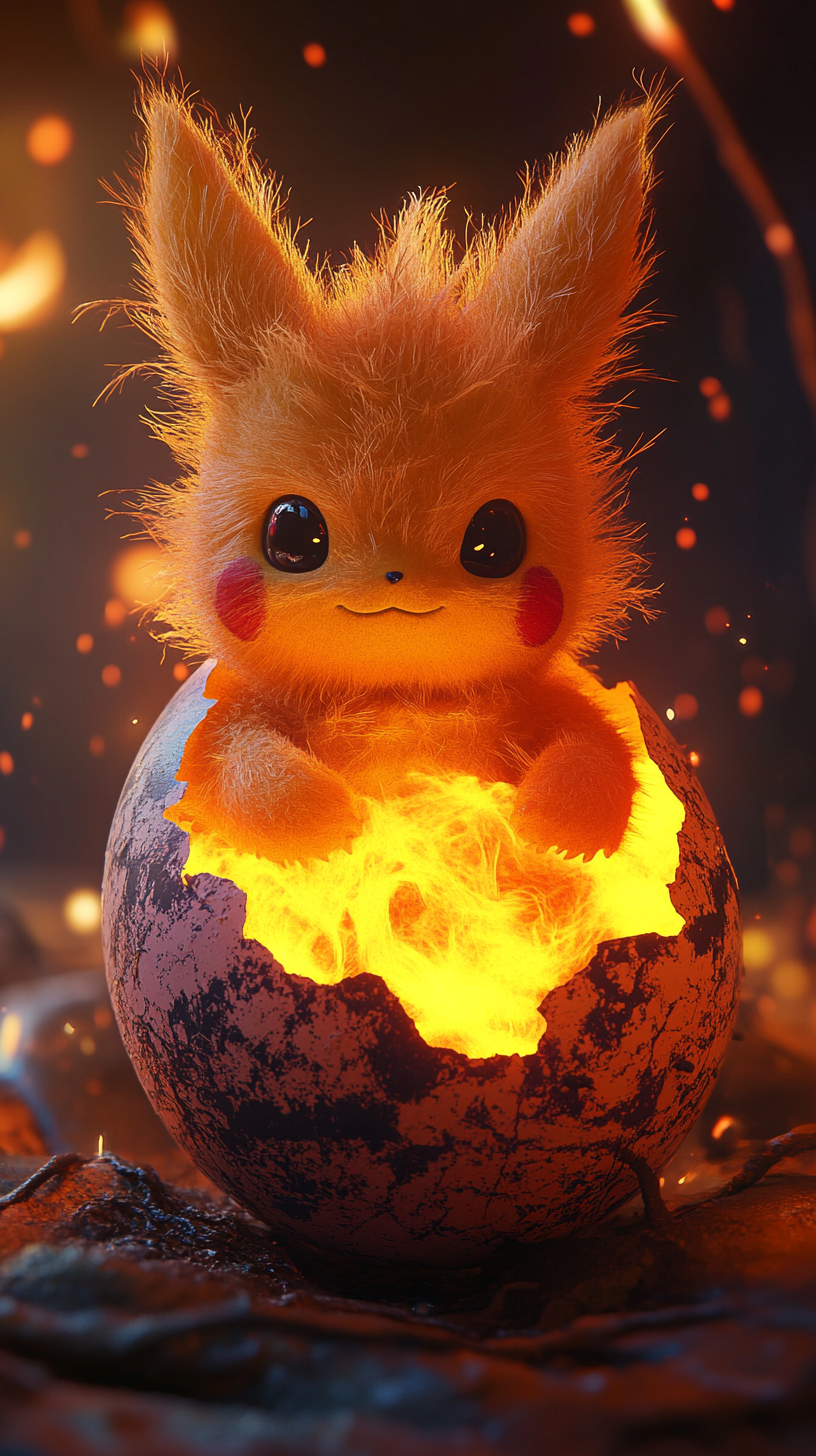 Cute baby Flareon hatching from glowing mystical egg.