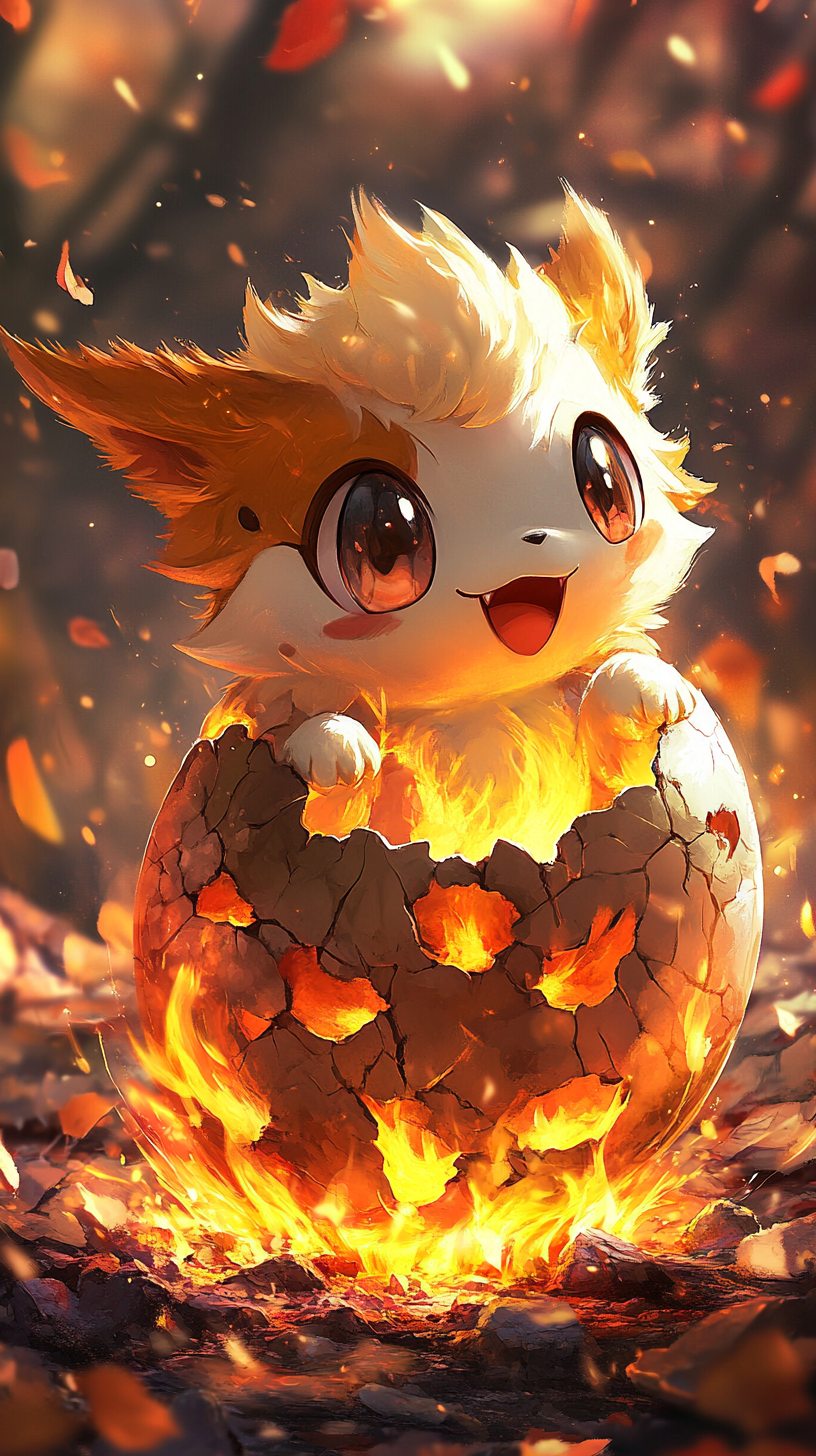 Cute baby Growlithe hatching from fiery cracked egg.