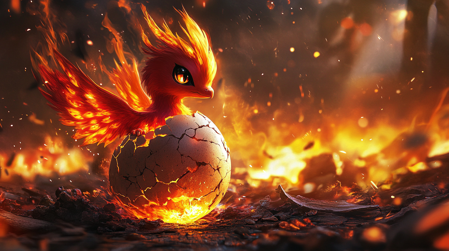 Cute baby Moltres hatching from fiery egg painting.