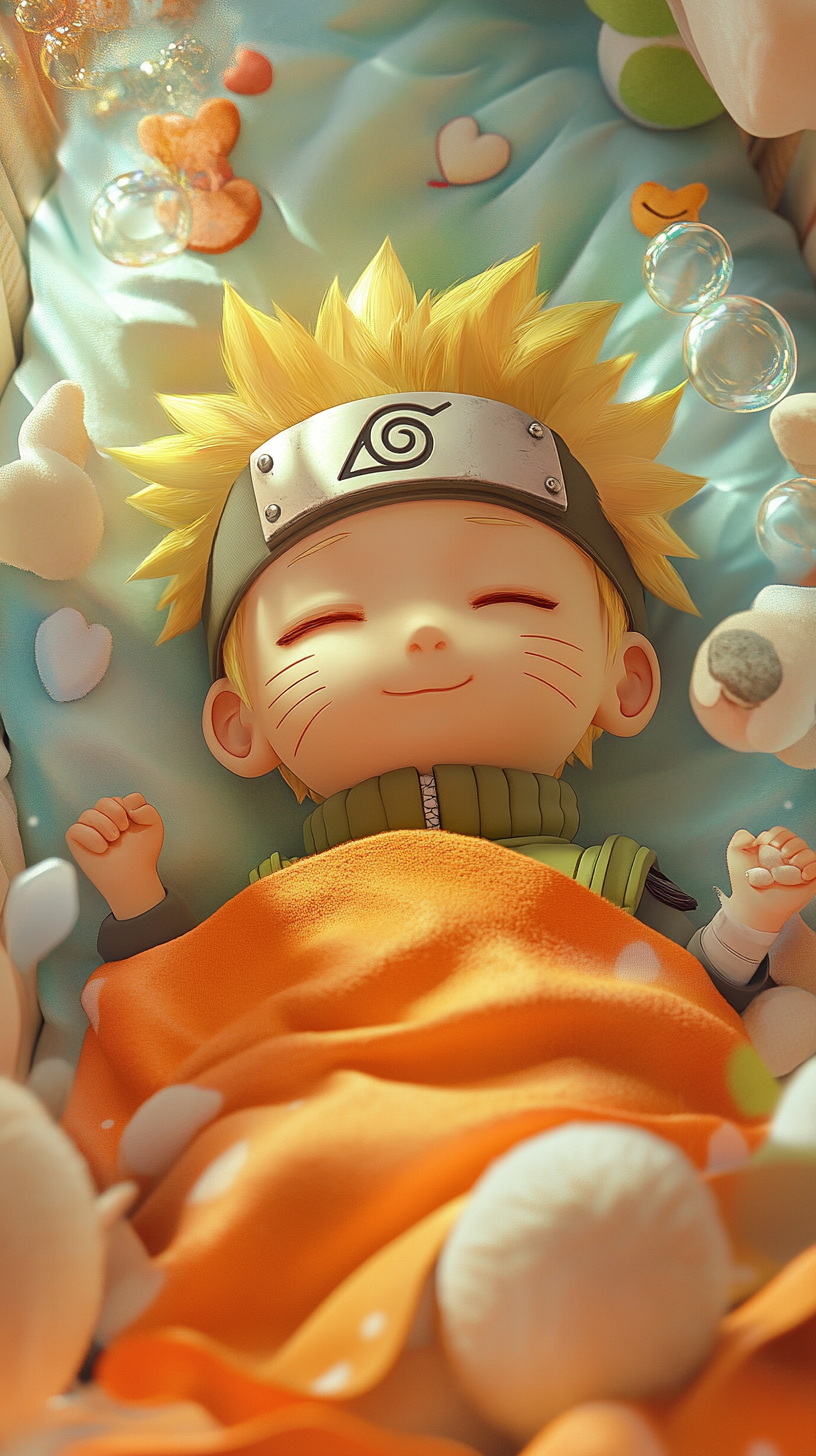 Cute baby Naruto sleeping peacefully in colorful crib.