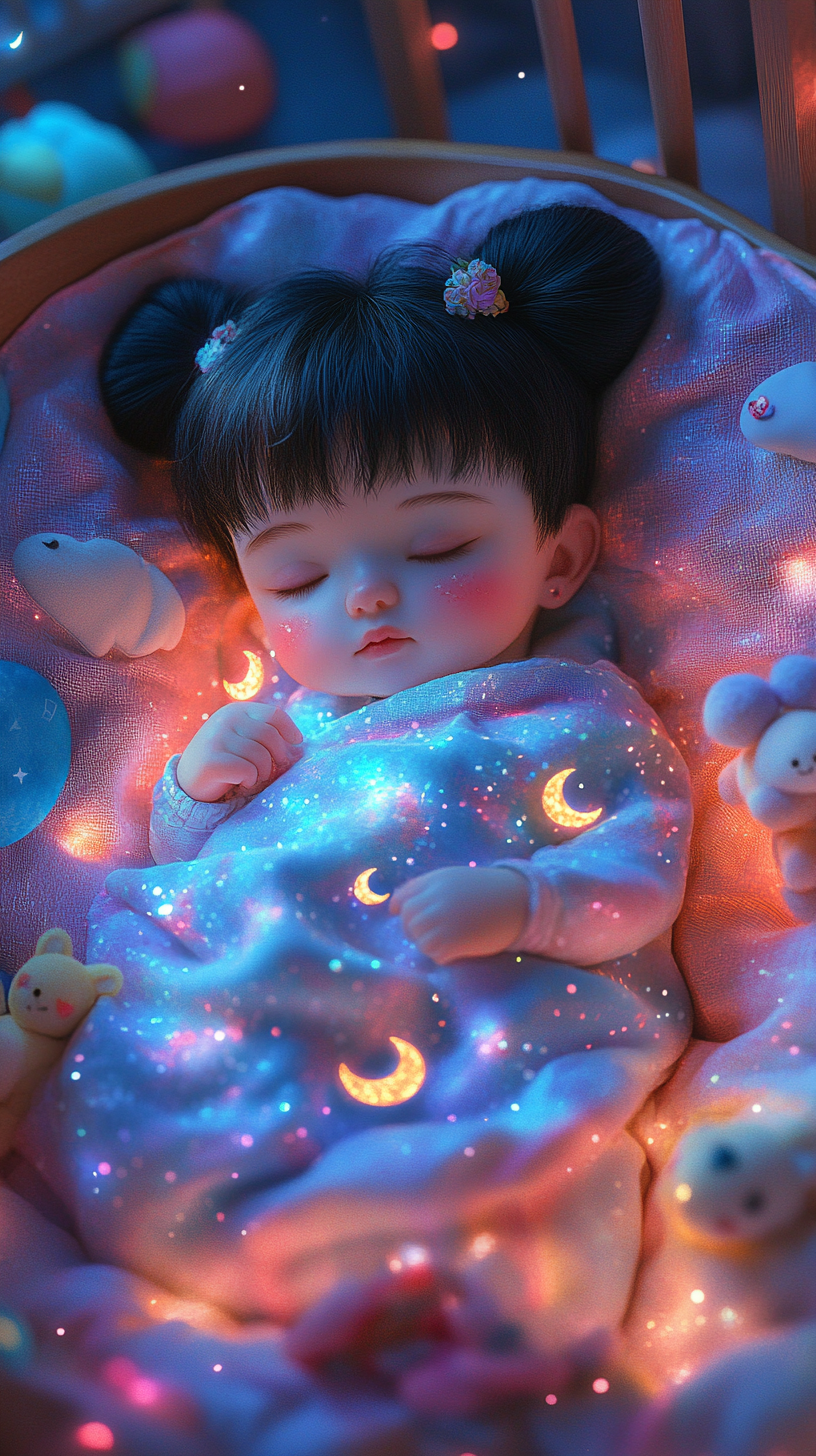 Cute baby Sailor Moon sleeping in cozy crib.