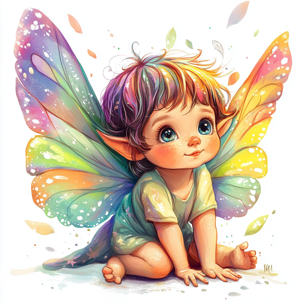 Cute baby fairy with big head, colorful wings.