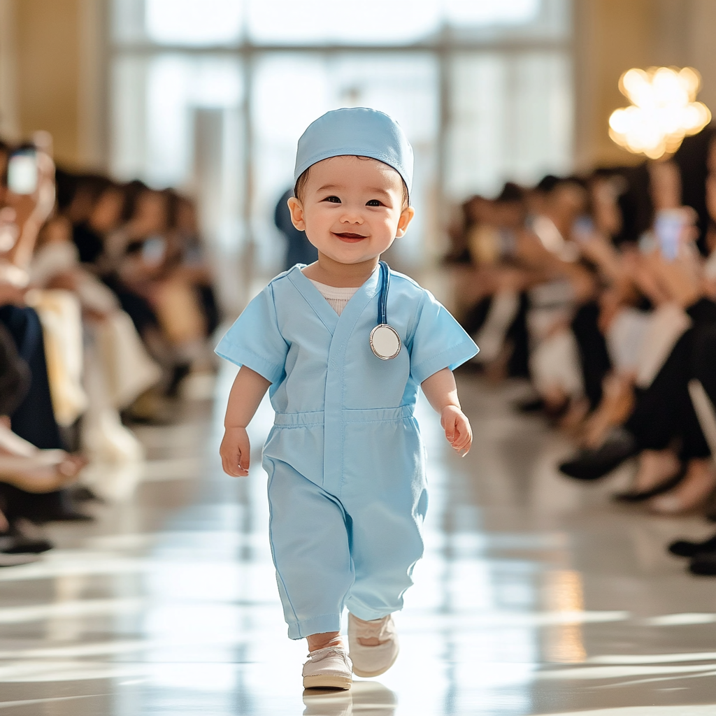 Cute baby in nurse's uniform confidently walks runway.