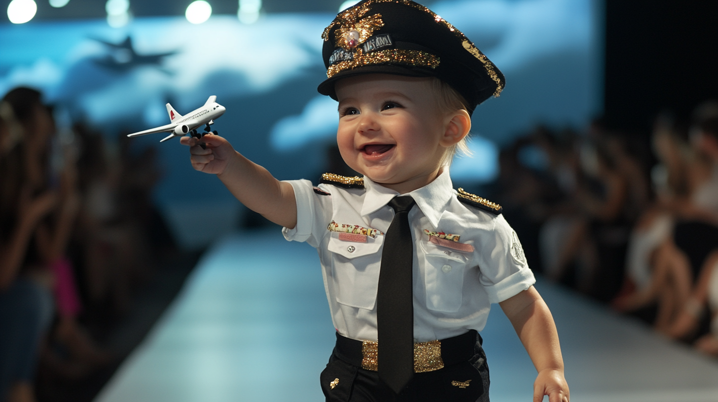 Cute baby in pilot uniform walking confidently on runway.