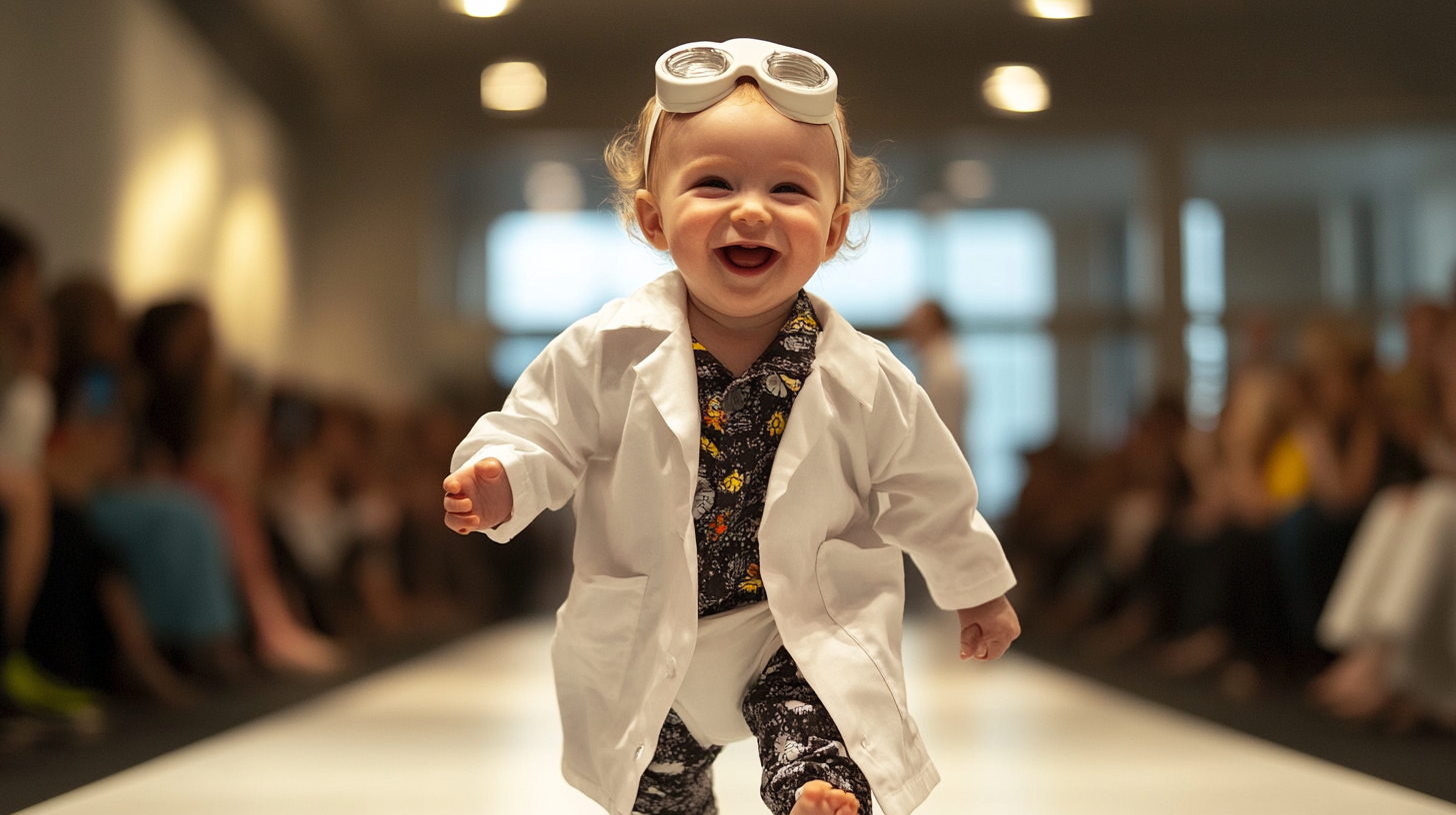 Cute baby in scientist lab coat walking confidently on stage