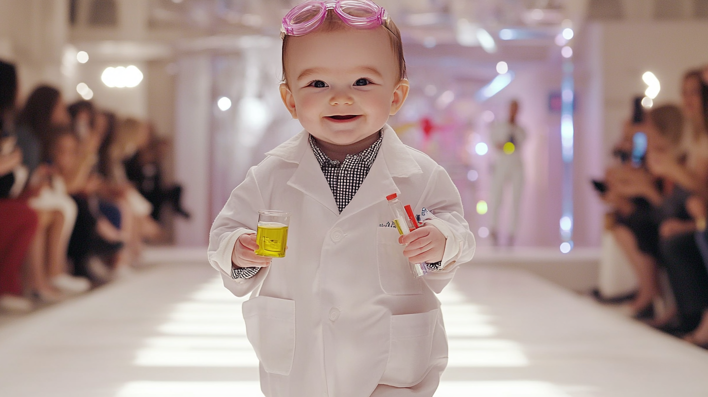 Cute baby scientist on runway, smiling confidently with clipboard.