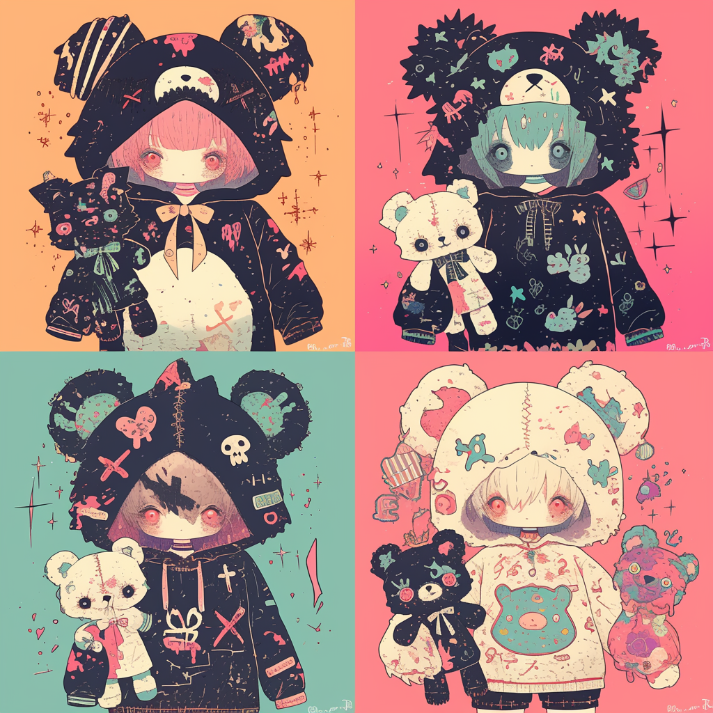 Cute bear and owl in zombie costume anime style