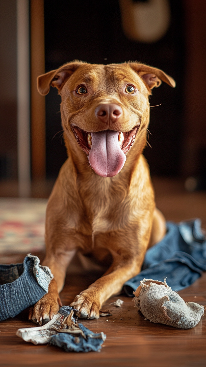 Cute brown dog, smiling with tongue out, in room.