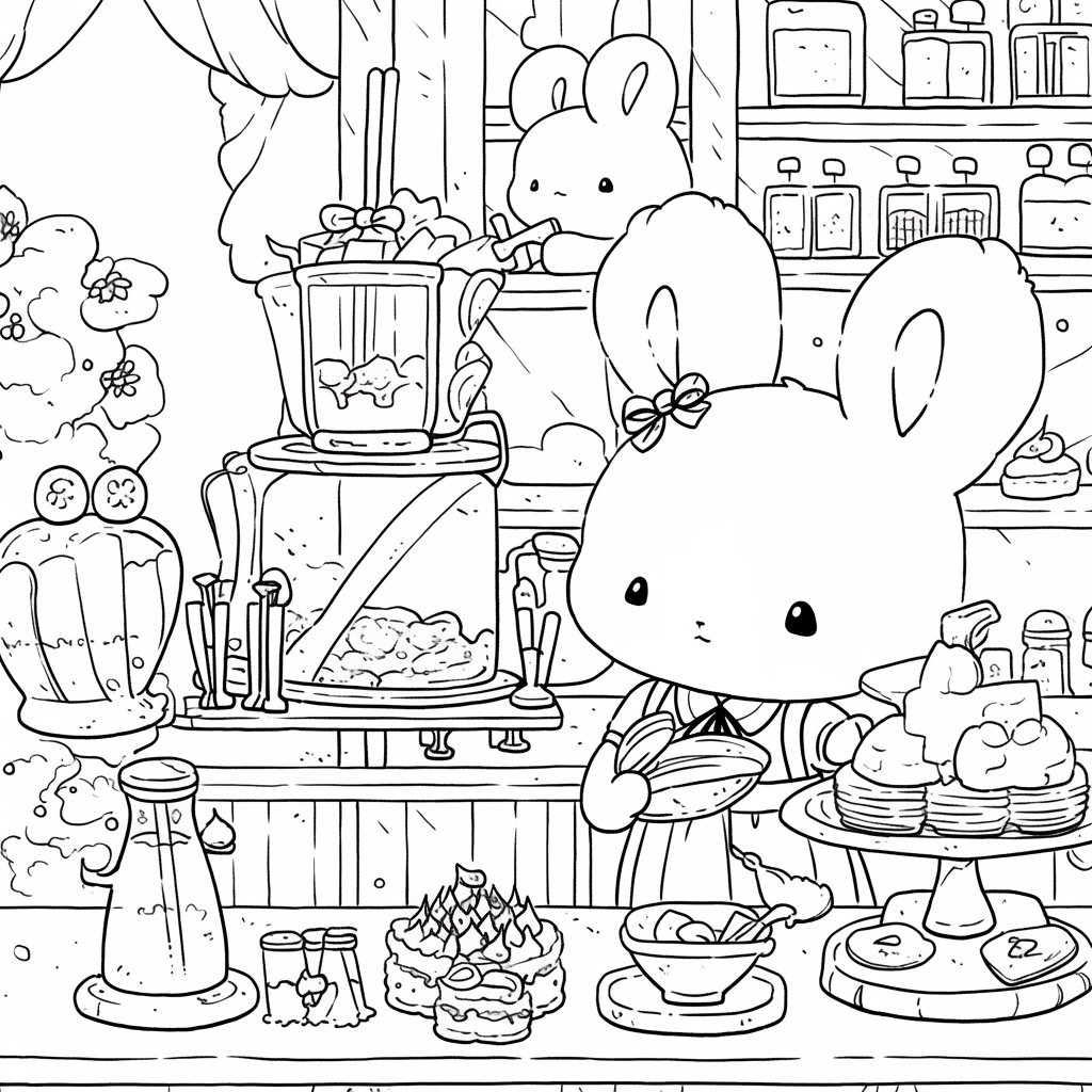 Cute bunnies working as baristas in enchanted coffee shop.