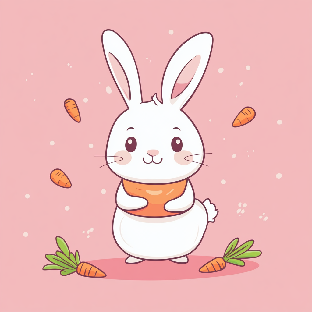 Cute bunny holding carrot in bib, simplistic flat illustration.