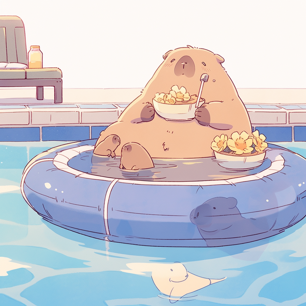 Cute capybara in pool floaty under soft lighting.