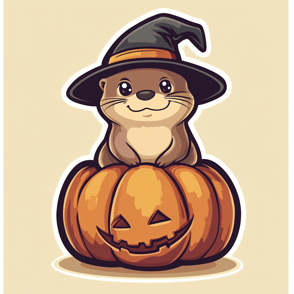 Cute cartoon otter with witch hat on pumpkin sticker.