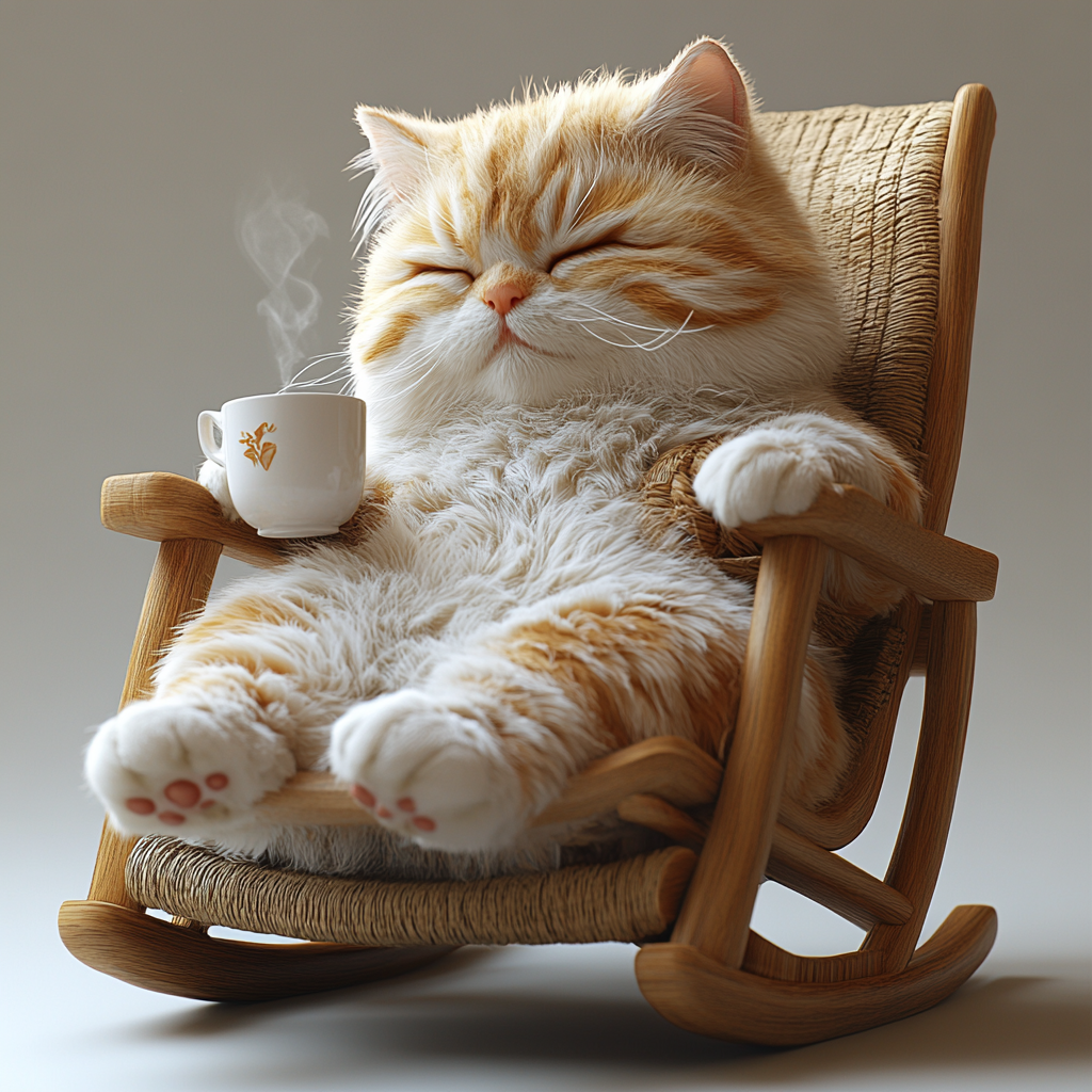 Cute cat enjoying tea in rocking chair.