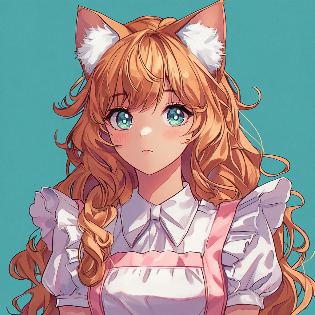 Cute catgirl with strawberry blonde curls in frilly outfit.