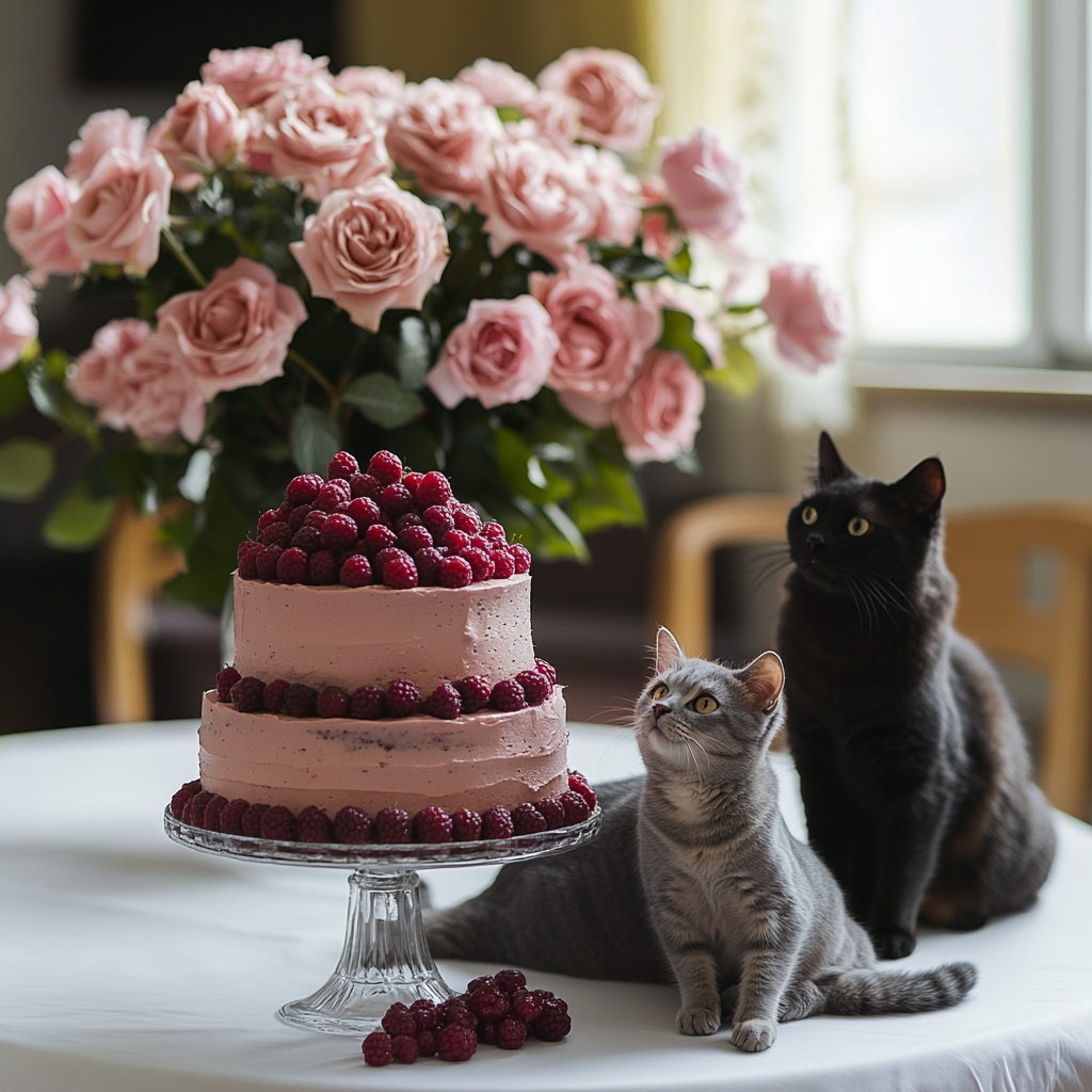 Cute cats near cake and flowers in sunlight.