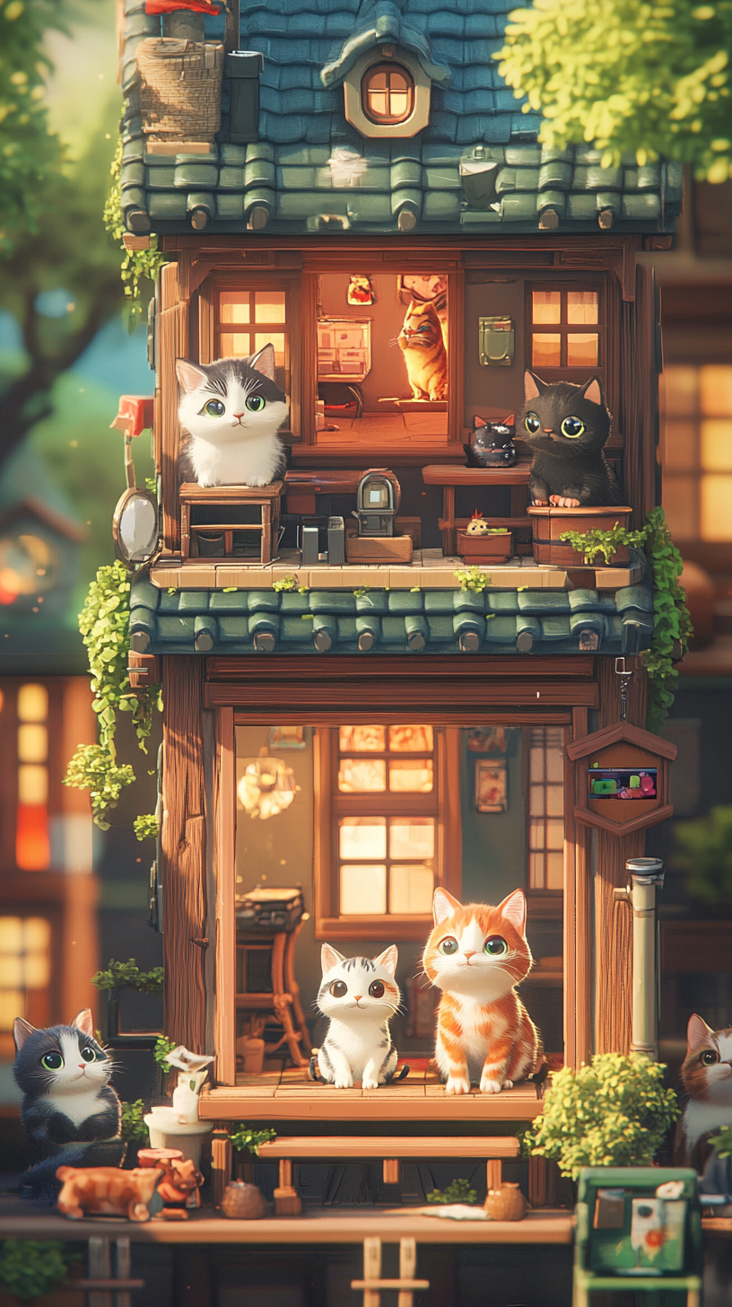 Cute cats play puzzle game in cozy house.