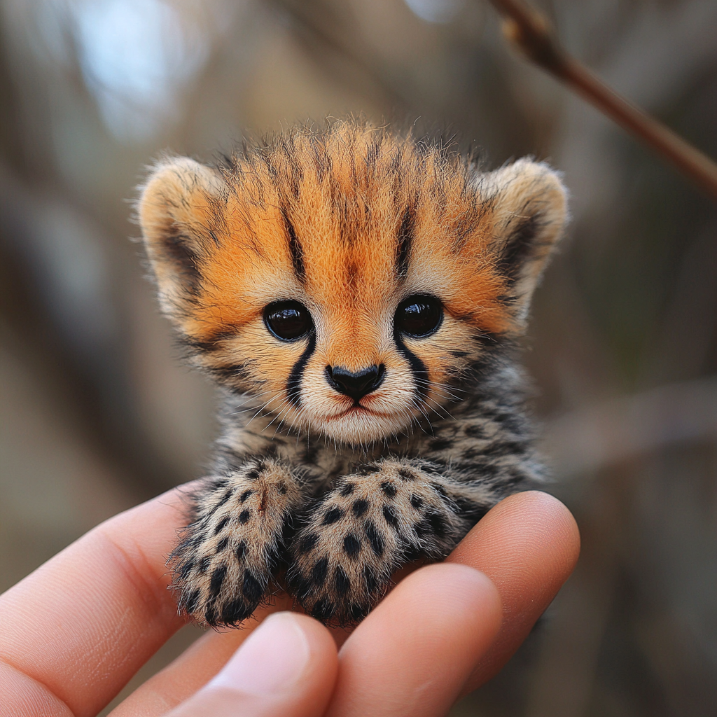 Cute cheetah, smaller than quark, delicately perched with sparkle.