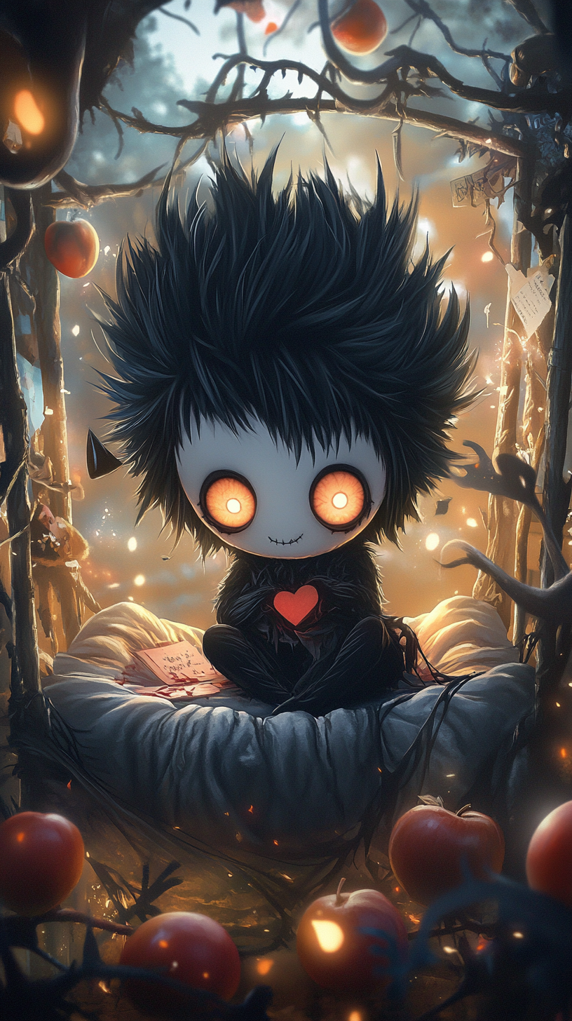 Cute chibi Ryuk in dark-themed crib, surrounded by Death Note universe elements