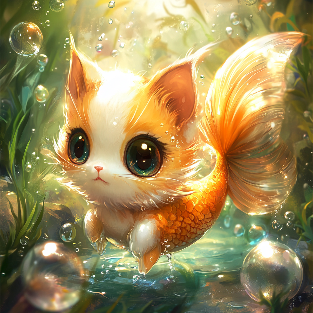 Cute chibi cat with goldfish-like body in underwater garden.