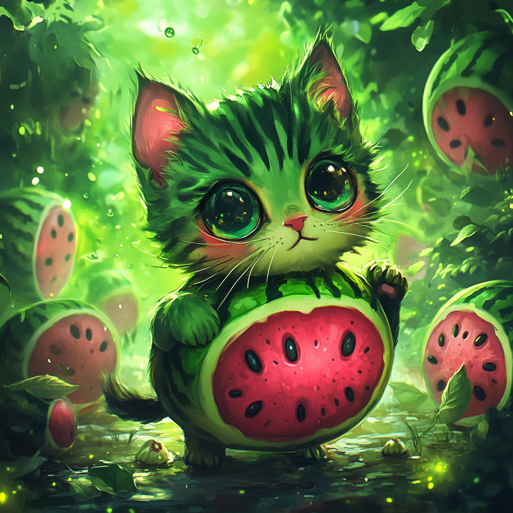 Cute chibi cat with watermelon fur in garden.