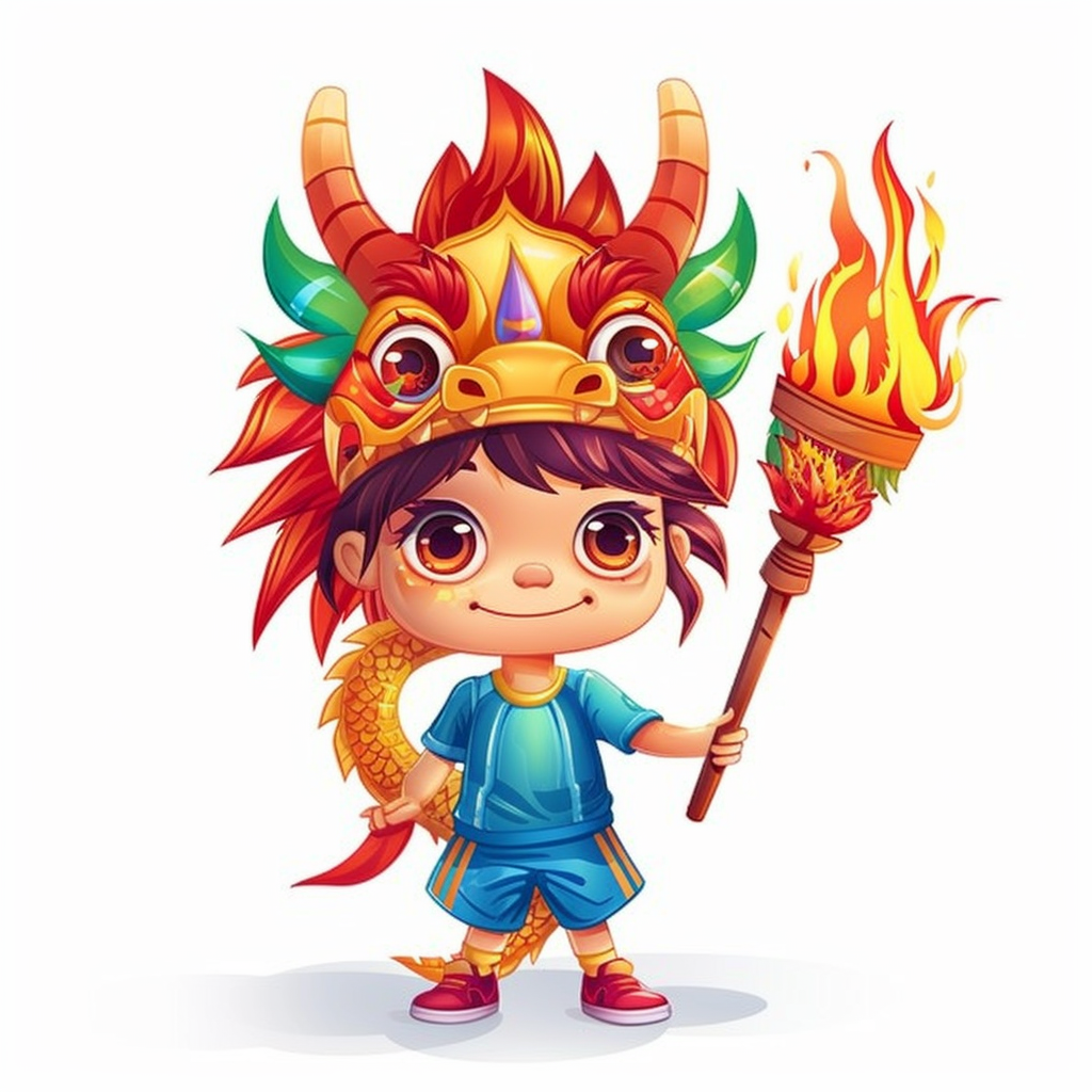 Cute child in dragon headdress holding sports torch.