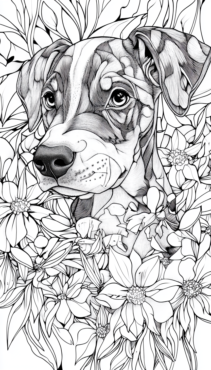 Cute doberman puppy in flower field coloring page