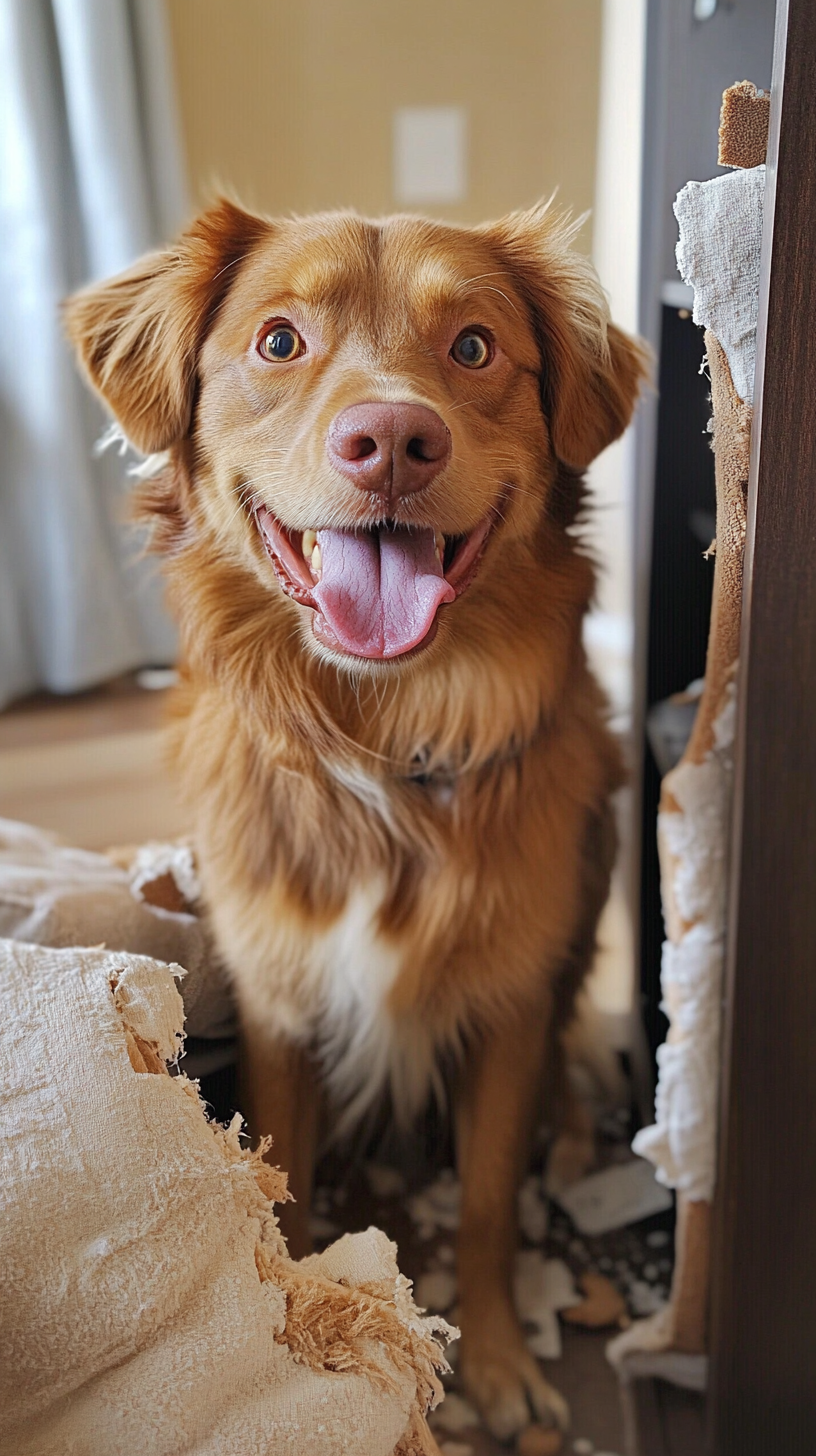 Cute dog in room with destroyed objects smiling.