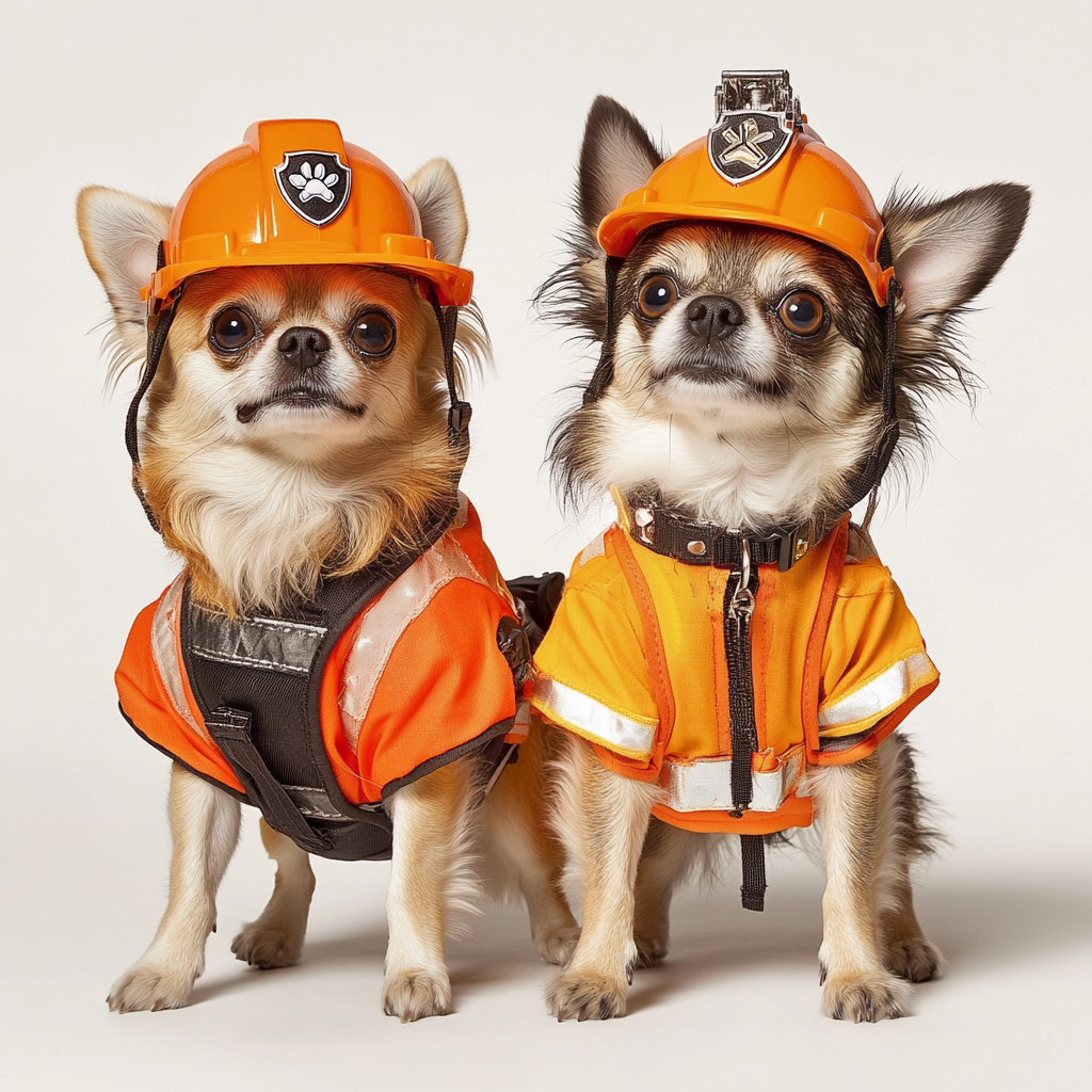 Cute dogs in Paw Patrol construction worker costume