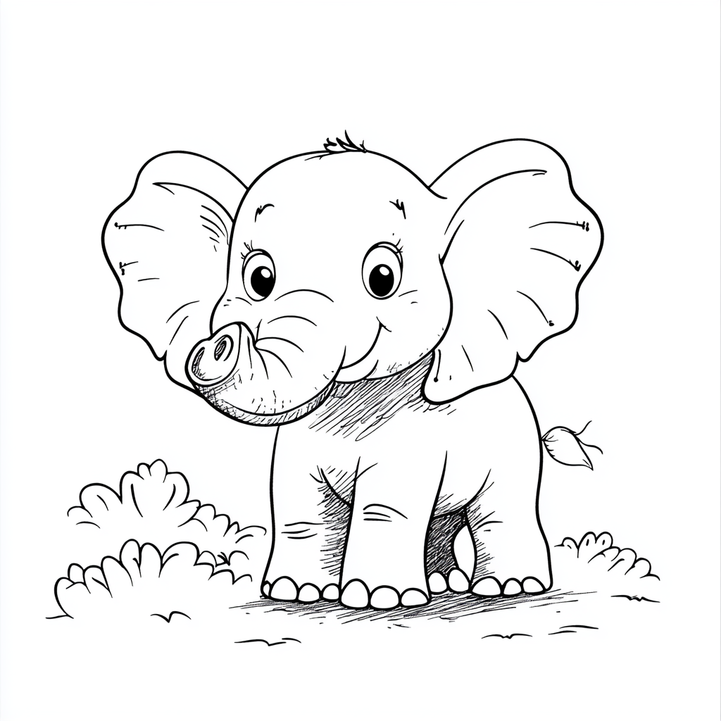 Cute elephant with oversized head, round body, large eyes