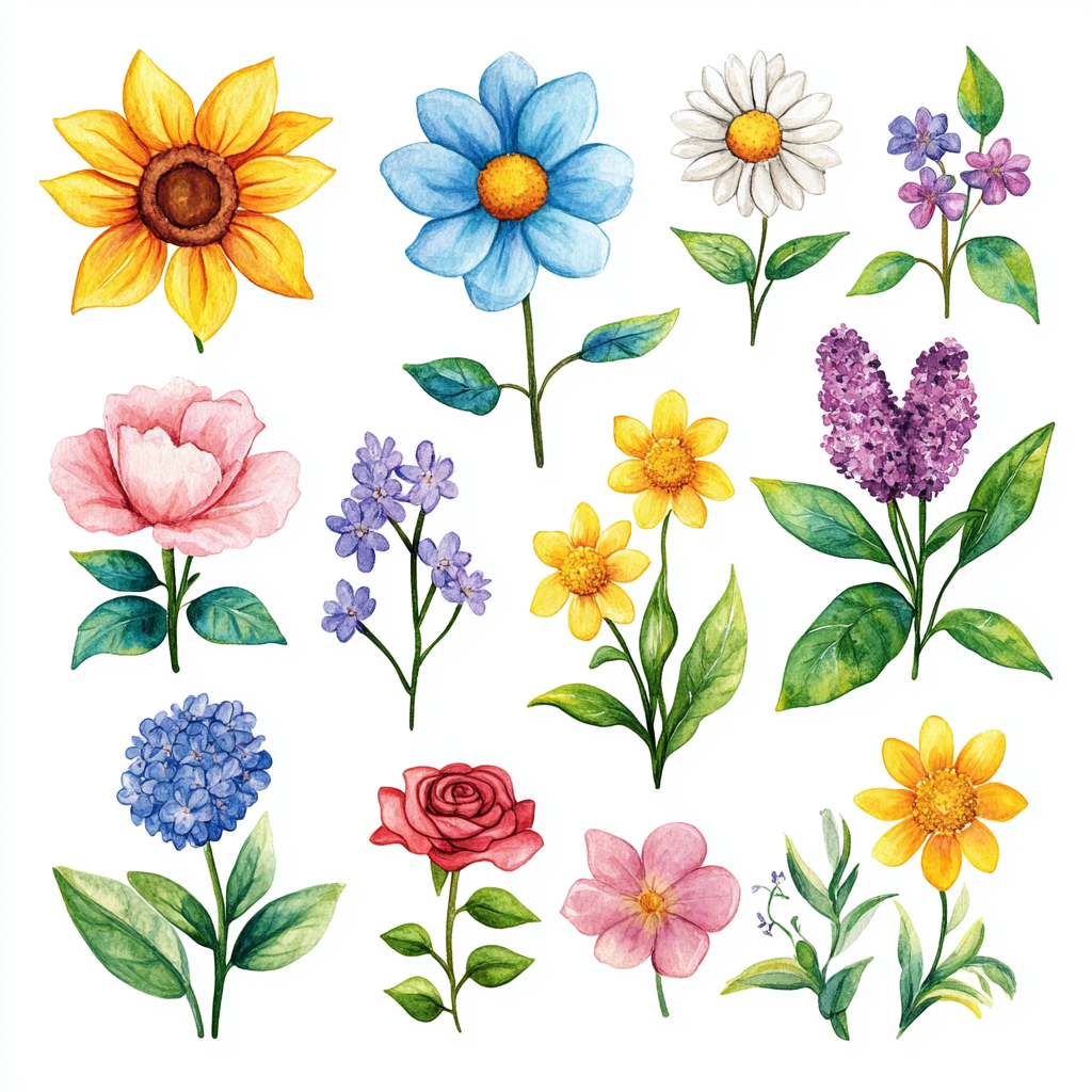 Cute flower clipart with roses, daisies, and sunflowers.