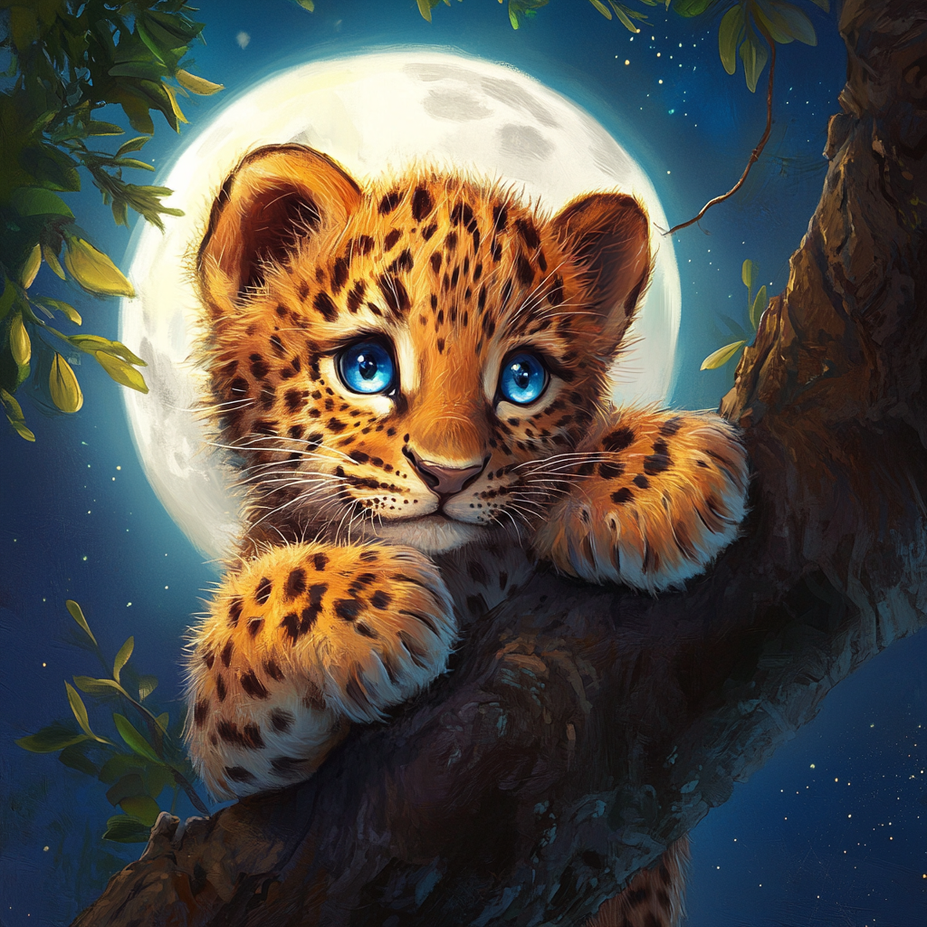 Cute fluffy leopard cub with blue eyes on tree