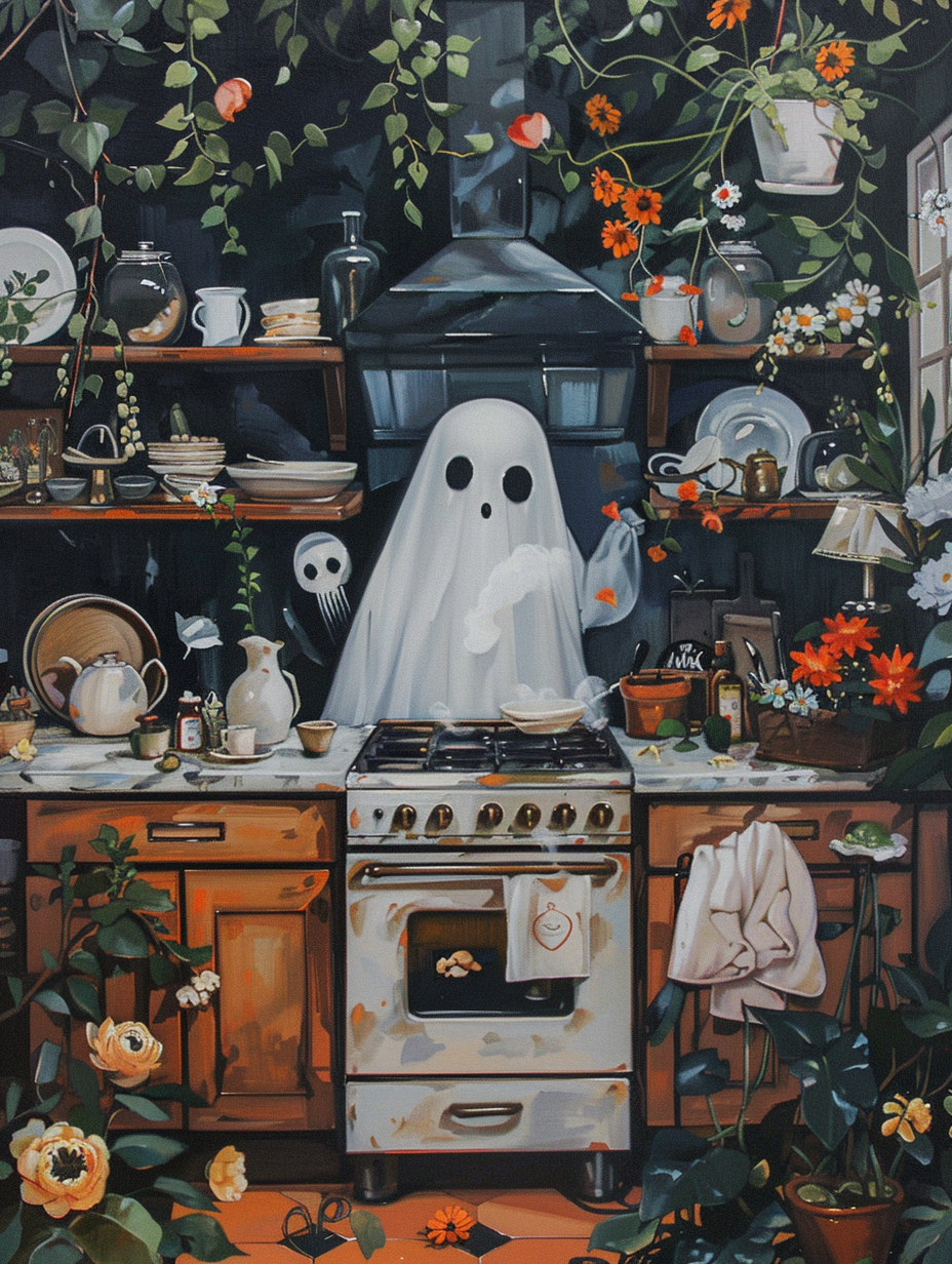 Cute ghost cooking in dark academic kitchen, oil painting.